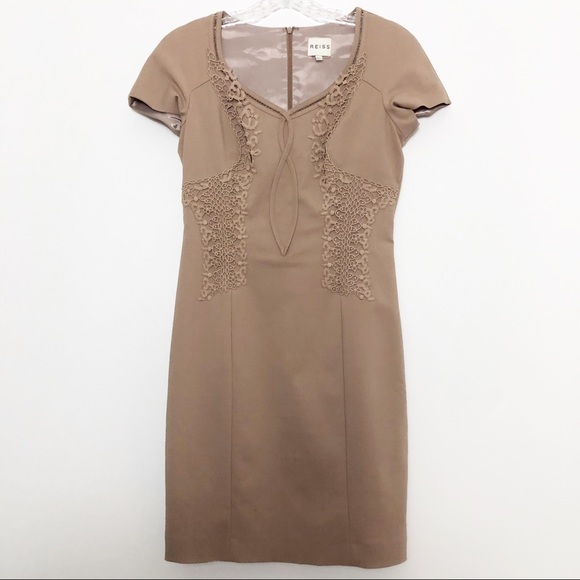 Reiss Rita Shift Embroidered Tan Dress Size 8 - Picture 1 of 7